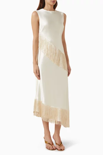Lovis Fringed Midi Dress in Satin