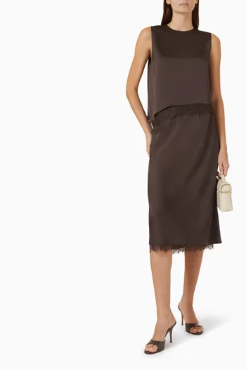 Lace-trim Slip Midi Skirt in Satin