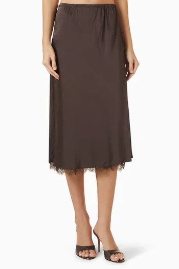 Lace-trim Slip Midi Skirt in Satin