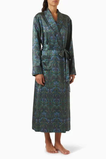 Peacock Manor Robe in Silk Satin