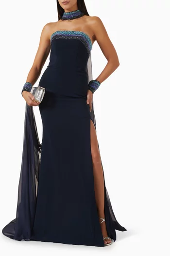 Strapless Embellished Cape Gown in Crepe