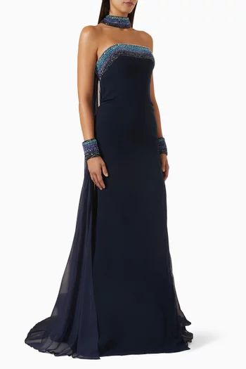 Strapless Embellished Cape Gown in Crepe