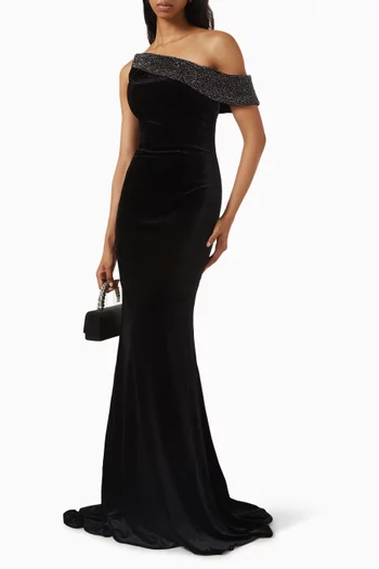 Embellished One-shoulder Gown in Velvet