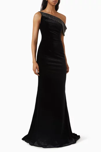 Embellished One-shoulder Gown in Velvet