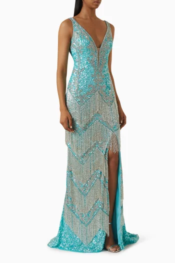 Sequin-embellished Slit Gown