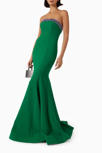 Beaded-neck Fishtail Gown in Crepe