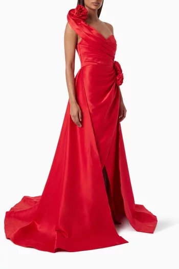 One-shoulder Ruffle Gown in Jersey