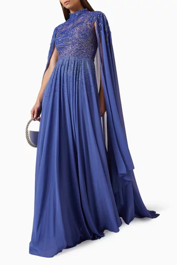 Beaded Cape-sleeve Gown in Chiffon