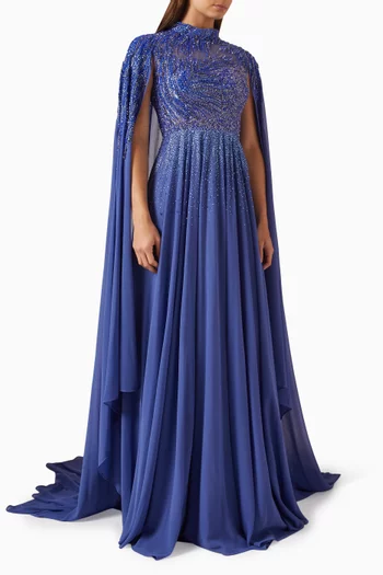 Beaded Cape-sleeve Gown in Chiffon