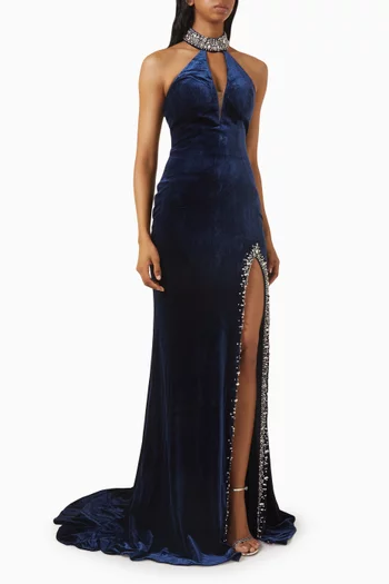 Halterneck Slit Gown in Velvet