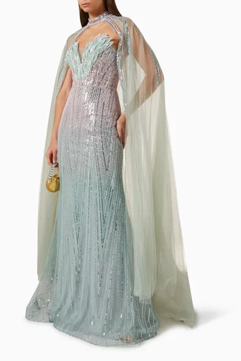 Strapless Beaded Cape Gown
