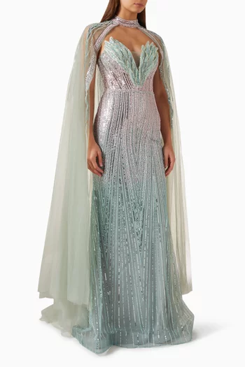 Strapless Beaded Cape Gown