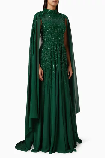 Embellished Cape Gown in Chiffon
