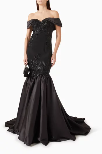 Off-shoulder Beaded Mermaid Gown in Crepe