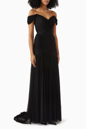 Off-shoulder Plissé Gown in Silk-tulle
