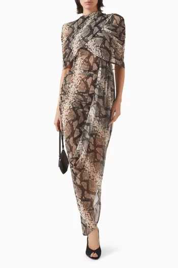 Double Shawl Draped Printed Dress in Mesh