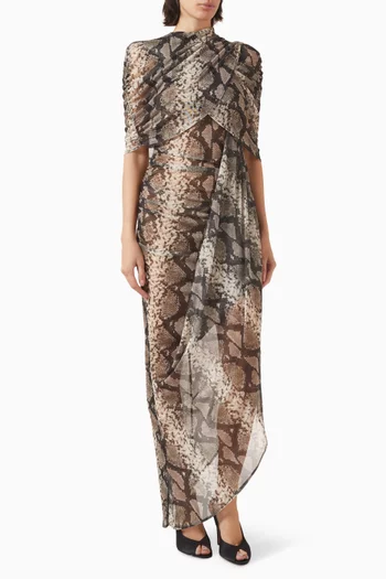 Double Shawl Draped Printed Dress in Mesh