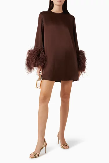 Feather-trim Shift Mini Dress in Satin