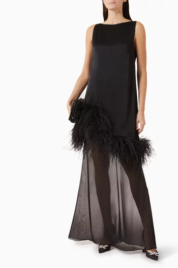 Feather-trim Layered Shift Dress in Double Satin