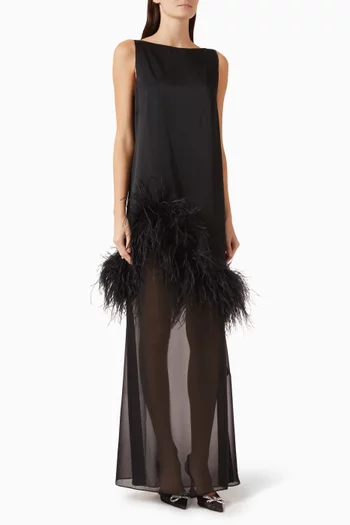 Feather-trim Layered Shift Dress in Double Satin