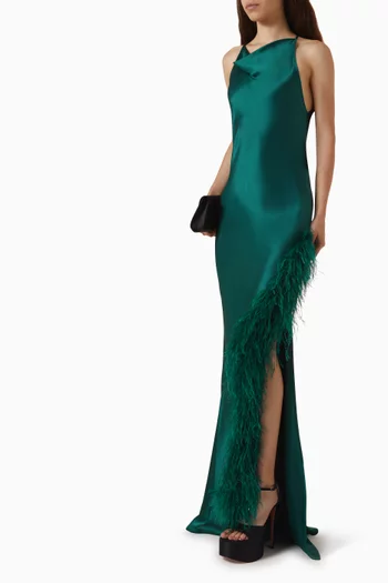Feather-trim Halter Gown in Double Satin