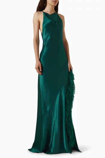 Feather-trim Halter Gown in Double Satin