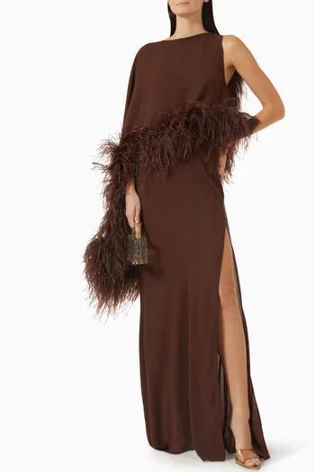 Asymmetric Feather-trim Gown in Georgette