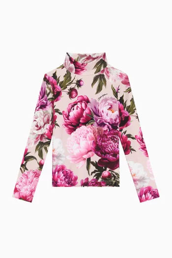 Peony-print Top in Stretch-cotton