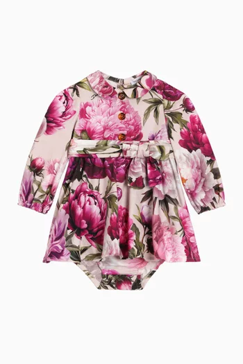 Peony-print Dress & Bloomers Set in Cotton-flannel