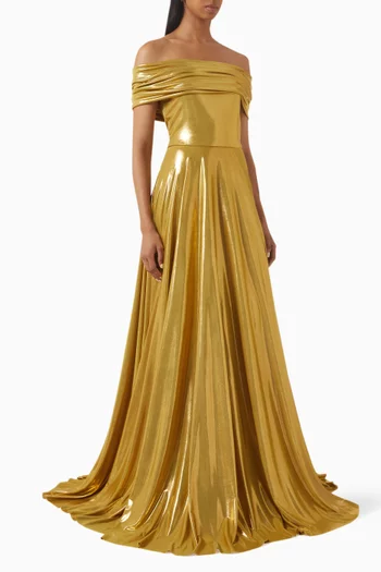 Off-shoulder Flared Gown in Lame
