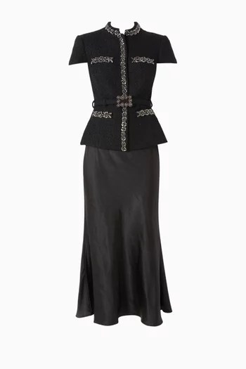Bouclé Crystal Trim Midi Dress in Satin