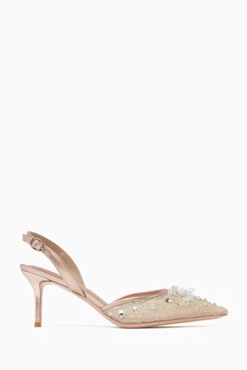 HAILEE SLINGBACK PUMP WITH POINTED TOE AND MID STILETTO HEEL IN 70MM WITH LACE UPPER EMBELLISHED IN CRYSTALS:Light/Pastel Pink:40|219820695