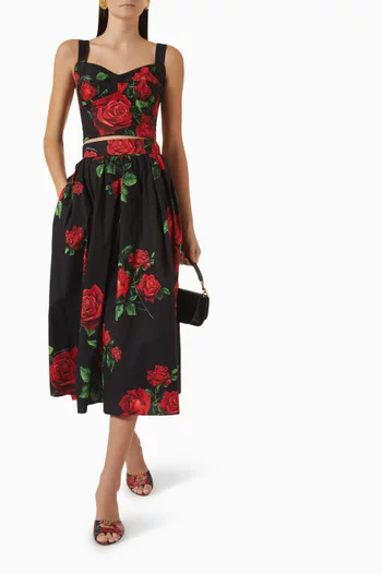 Rose-print Pleated Midi Skirt in Poplin