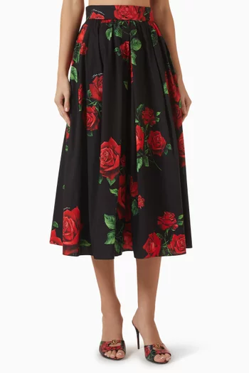 Rose-print Pleated Midi Skirt in Poplin