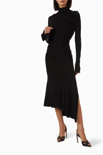 Asymmetric Gathered Midi Dress