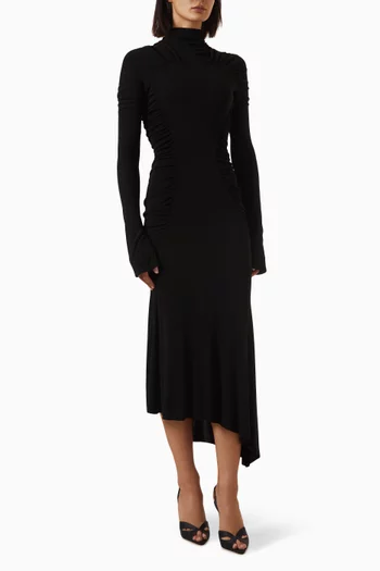 Asymmetric Gathered Midi Dress
