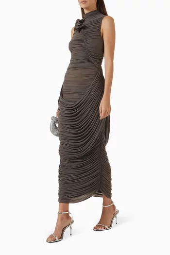 High-neck Draped Midi Dress in Cupro