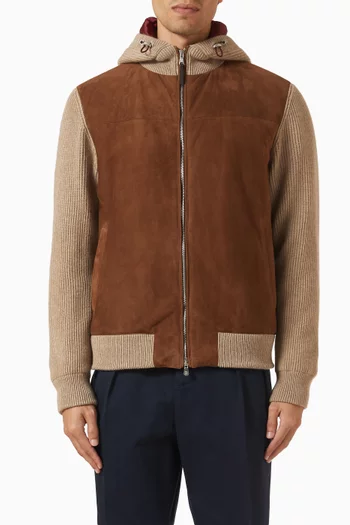 Hooded Padded Bomber Jacket in Suede & Cashmere
