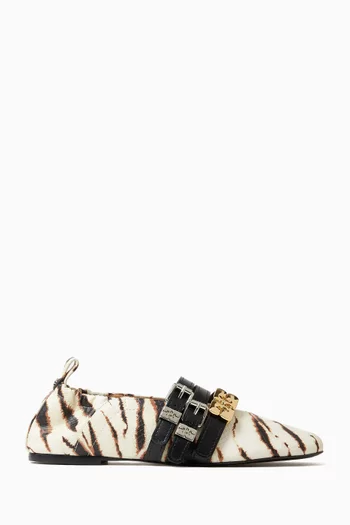 SUE TRUPLE BALLERINA IN ZEBRA PRINT LEATHER WITH 3 BUCKLE STRAPS IN MIX GOLD ANS SILVER HARDWARE:White    :39|219843495