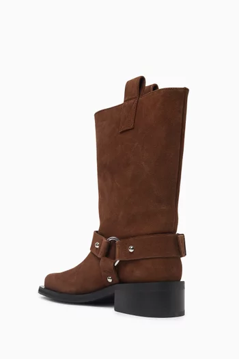 MID SHAFT BIKER BOOT IN SUEDE WITH LOW BLOCK HEEL (MM) WITH PULL TABS AND HARNESS WITH STRAP DETAILS IN SILVER HARDWARE:Brown    :41|219843496