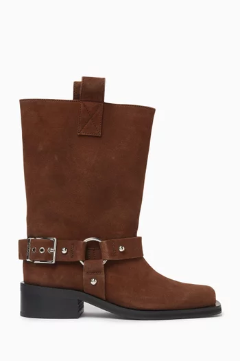 MID SHAFT BIKER BOOT IN SUEDE WITH LOW BLOCK HEEL (MM) WITH PULL TABS AND HARNESS WITH STRAP DETAILS IN SILVER HARDWARE:Brown    :41|219843496
