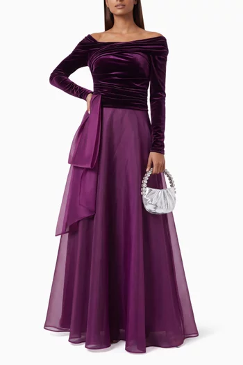 Off-shoulder Maxi Dress in Stretch Velvet & Organza