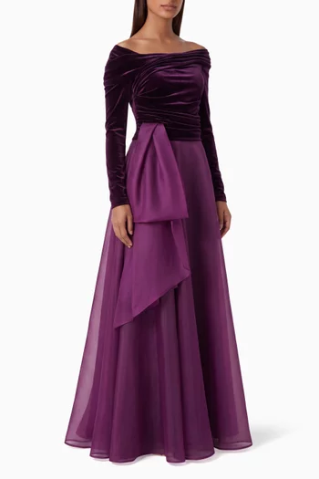 Off-shoulder Maxi Dress in Stretch Velvet & Organza
