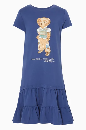 Logo & Bear Print T-shirt Dress in Cotton