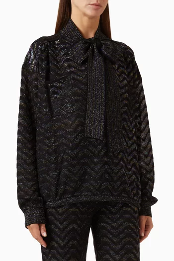 Tie-up Collar Top in Viscose-blend Knit