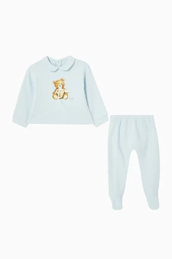 Teddy Bear Top & Footed Pants Set in Cotton Fleece