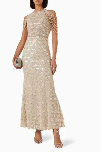 Draped Pearl Beaded Gown