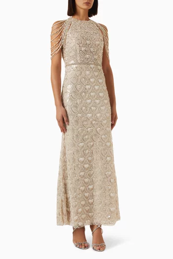 Draped Pearl Beaded Gown
