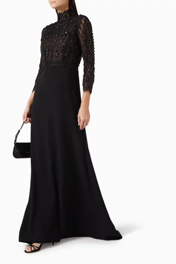 Brona Beaded Lace Gown in Crepe