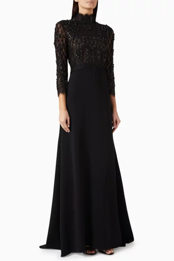 Brona Beaded Lace Gown in Crepe
